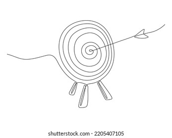 Target with arrow continuous line drawing. Hand drawn linear goal circle. Business strategy concept. Vector illustration isolated on white.