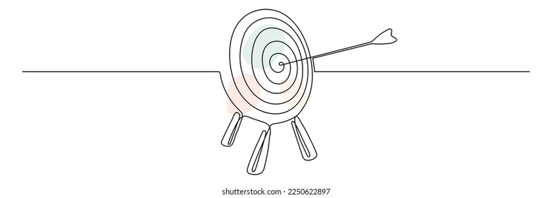 Target with arrow continuous line drawing. Hand drawn linear goal circle with pastel shapes. Vector illustration isolated on white.