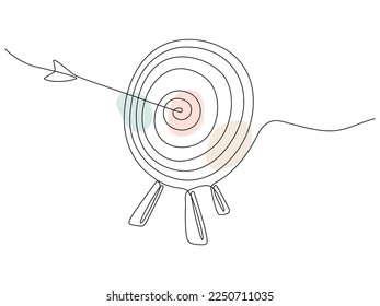 Target with arrow continuous line drawing. Hand drawn linear goal circle with pastel shapes. Vector illustration isolated on white.