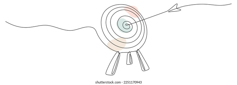 Target with arrow continuous line drawing. Hand drawn linear goal circle with pastel shapes. Vector illustration isolated on white.