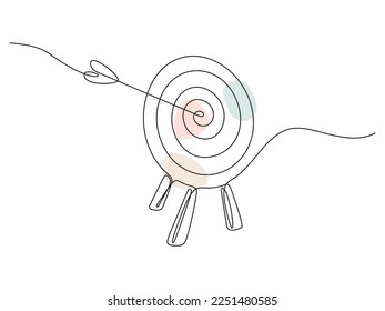 Target with arrow continuous line drawing. Hand drawn linear goal circle with pastel shapes. Vector illustration isolated on white.