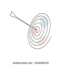 Target with arrow continuous line drawing. Hand drawn linear goal circle with pastel abstract shapes. Vector illustration isolated on white.