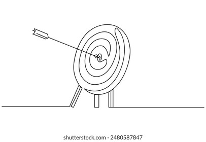 
Target with arrow continuous line drawing. Hand drawn linear goal circle Vector illustration isolated on white. Continuous line drawing of Target with arrows. Single line illustration of goal circle 