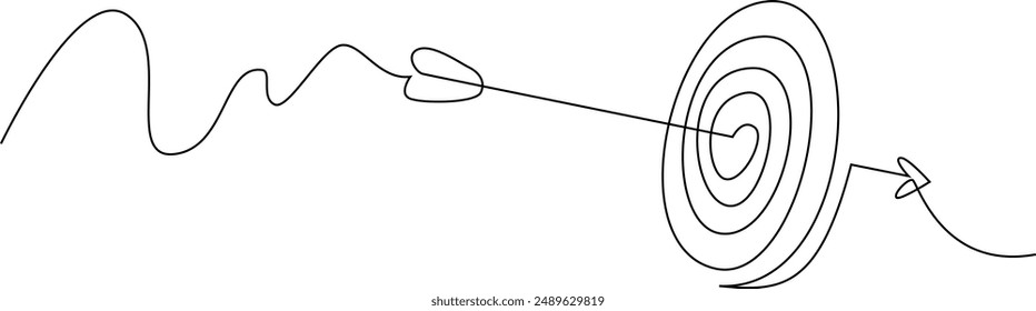 Target with arrow continuous line drawing. Hand drawn linear goal circle. Vector illustration isolated on white.