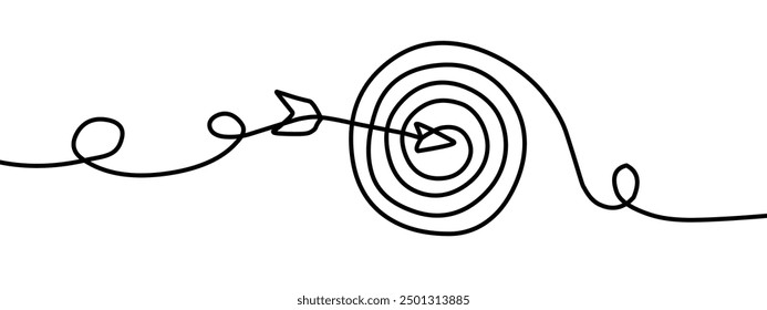 Destino con flecha de dibujo de línea continua. Dibujado a mano Ilustración vectorial lineal del círculo de la meta aislado en blanco. Dibujo de línea continuo de Target con flechas. Ilustración de una sola línea del círculo de meta
