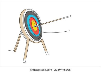 Destino con flecha en estilo de línea continua. Ilustración de una sola línea de círculo de objetivo con flecha en el centro. Concepto de estrategia empresarial. Flecha en el panel de destino. Búsqueda de objetivos. Ilustración del vector