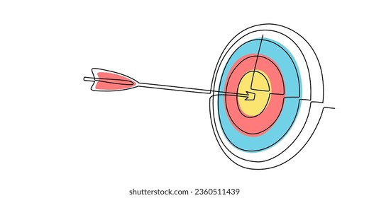 Target with arrow in continuous line style. Single one line illustration of goal circle with arrow in center white background. Business strategy concept. Arrow in target pad, goal. Vector illustration