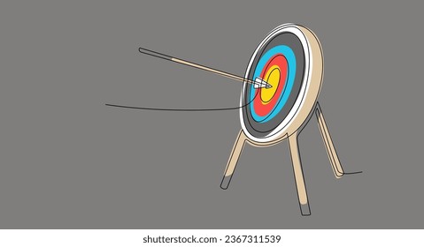 Destino con flecha en estilo de línea continua. Ilustración de una sola línea de círculo de objetivo con flecha en fondo oscuro central. Concepto de estrategia empresarial. Flecha en el panel de destino, objetivos. Ilustración del vector