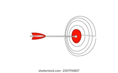 Target with arrow in continuous line style. Single one line illustration with red goal circle and arrow in center white background. Business strategy concept. Arrow in target pad. Editable stroke