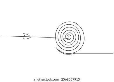 Target with arrow continuous one line drawing and business icon isolated outline flat illustration