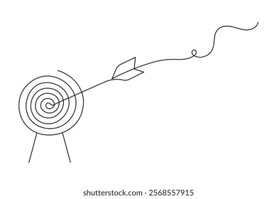 Target with arrow continuous one line drawing and business icon isolated outline flat illustration