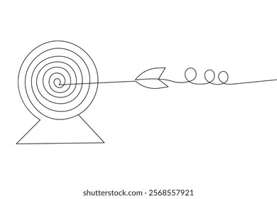 Target with arrow continuous one line drawing and business icon isolated outline flat illustration