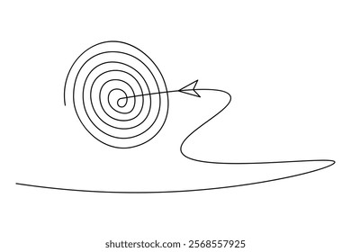 Target with arrow continuous one line drawing and business icon isolated outline flat illustration