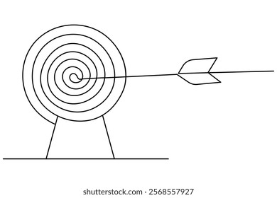 Target with arrow continuous one line drawing and business icon isolated outline flat illustration