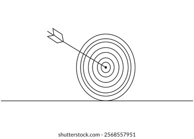 Target with arrow continuous one line drawing and business icon isolated outline flat illustration