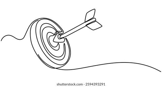 Target with arrow continuous one line drawing and business icon isolated outline flat illustration, Target, Bull's Eye Continuous Line Icon, Light with target and arrow continuous one line drawing. 