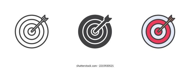 Target arrow different style icon set. Line, glyph and filled outline colorful version, outline and filled vector sign. Symbol, logo illustration. Vector graphics