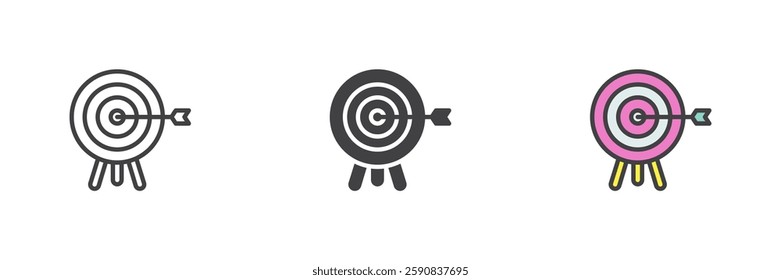 Target with arrow different style icon set. Line, glyph and filled outline colorful version, outline and filled vector sign. Accuracy, success, or achievement symbol, logo illustration