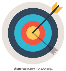 Target with an arrow flat icon concept market goal. Concept target market, audience, group, consumer. Bullseye or goal Isolated sign.