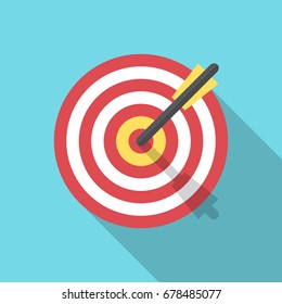 Target with an arrow flat icon concept market goal vector picture image. Concept target market, audience, group, consumer. Bullseye or goal Isolated sign. Illustration of a target with an arrow.