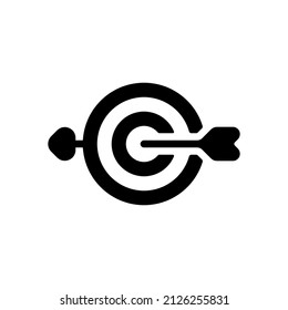 Target with arrow, focus on the objective, dart game, simple icon. Black icon on white background