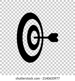 Target with arrow, focus on the objective, dart game, simple icon. Black symbol on transparent background