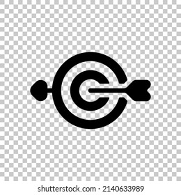 Target with arrow, focus on the objective, dart game, simple icon. Black symbol on transparent background