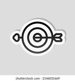 Target with arrow, focus on the objective, dart game, simple icon. Linear sticker, white border and simple shadow on gray background