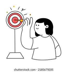 Destino y flecha, símbolo de foco de destino. Caricatura femenina lanzando puntapiés, Concepto de estrategia de negocios y desafío. Ilustración vectorial de línea delgada en blanco