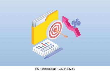 Target with an arrow in a folder with a chart and a growing arrow .on blue background.3D design.isometric vector design Illustration.