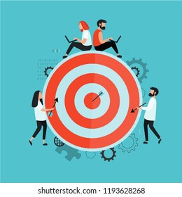 Target with an arrow. Goal achievement.  Flat vector illustration for web  design. Modern flat design concept  with cute young woman and man at work.