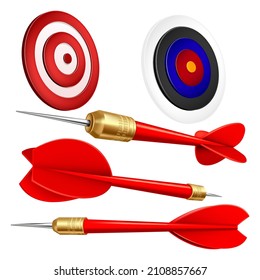 Target arrow goal dart set. Business hit. Aim gart game. Bullseye objective. Dartboard target concept. Accurate focus arrow strategy 3d realistic vector