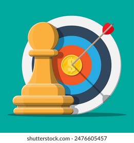 Target with arrow and gold coin, chess pawn. Goal setting. Smart goal. Business target concept. Achievement and success. Vector illustration in flat style