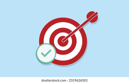 Target with arrow hit center and check mark. Marketing time concept.