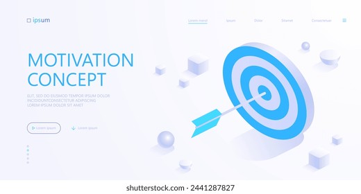 Destino con la flecha pulsa el icono del centro. Logro de metas, competencia, concepto de motivación. Negocio exitoso, estrategia de crecimiento. Ilustración vectorial isométrica para la visualización de la presentación empresarial