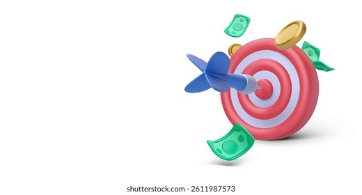 Target With Arrow Hitting Bullseye Surrounded By Flying Coins And Cash. Business Success, Marketing Strategy, And Financial Goal Concept In 3D Cartoon Style. Vector Illustration.
