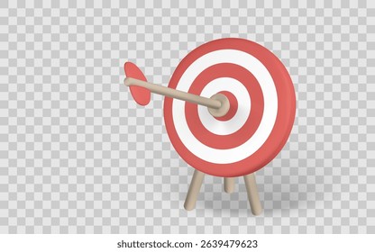 Target With Arrow Hitting Bullseye, Symbol of Precision, Focus, and Success. 3D Minimal Style Design on Transparent Background. Perfect for Business or Marketing Themes. Vector Illustration.