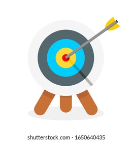 target with arrow hitting in center on wooden stand. goal achievement, ิีbusiness planning and successful life symbol concept isolated on white background. vector illustration