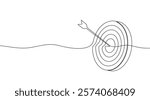 Target with an arrow hitting the center, one continuous line illustration. Continuous line drawing of archery target with arrow. Concept of archery or reaching the goal in business. Vector.