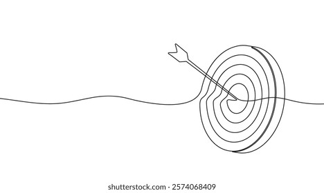 Target with an arrow hitting the center, one continuous line illustration. Continuous line drawing of archery target with arrow. Concept of archery or reaching the goal in business. Vector.