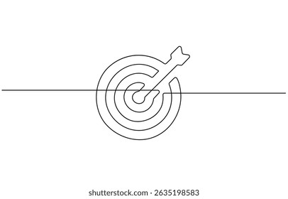 Target with an arrow hitting the center, one continuous line illustration. Continuous line drawing of archery target, The arrow on in target circle is vector linear illustration.