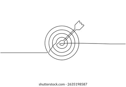 Target with an arrow hitting the center, one continuous line illustration. Continuous line drawing of archery target, The arrow on in target circle is vector linear illustration.