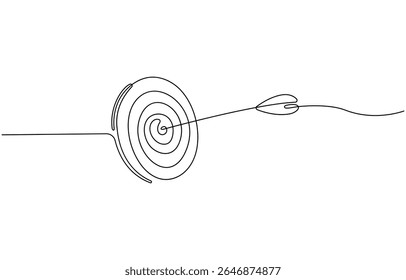 Target with an arrow hitting the center, one continuous line illustration. Continuous line drawing of archery target with arrow, Archery sport exercise with target board concept. Vector Illustration.