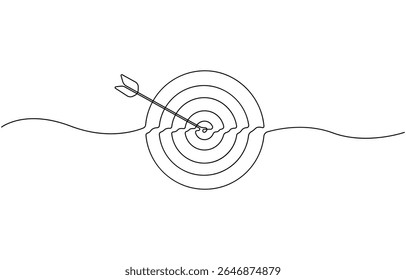 Target with an arrow hitting the center, one continuous line illustration. Continuous line drawing of archery target with arrow, Archery sport exercise with target board concept. Vector Illustration.