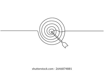 Target with an arrow hitting the center, one continuous line illustration. Continuous line drawing of archery target with arrow, Archery sport exercise with target board concept. Vector Illustration.