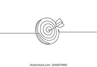 Target with an arrow hitting the center, one continuous line illustration. Continuous line drawing of archery target with arrow, Archery sport exercise with target board concept. Vector Illustration.