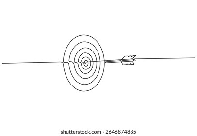 Target with an arrow hitting the center, one continuous line illustration. Continuous line drawing of archery target with arrow, Archery sport exercise with target board concept. Vector Illustration.