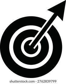 Target with arrow hitting center silhouette, goal achievement concept, success and focus, business strategy, aim and growth, minimal black and white illustration design