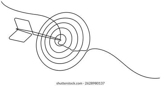 Alvo com uma seta que bate no centro, Desenho de linha única contínua de alvo de tiro com arco foi disparado com setas. Conceito de tiro com arco ou atingir o objetivo nos negócios. Ilustração de vetor.