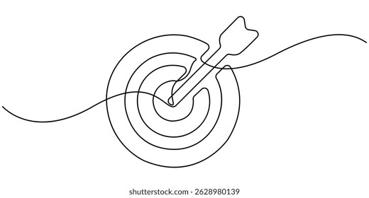 Alvo com uma seta que bate no centro, Desenho de linha única contínua de alvo de tiro com arco foi disparado com setas. Conceito de tiro com arco ou atingir o objetivo nos negócios. Ilustração de vetor.